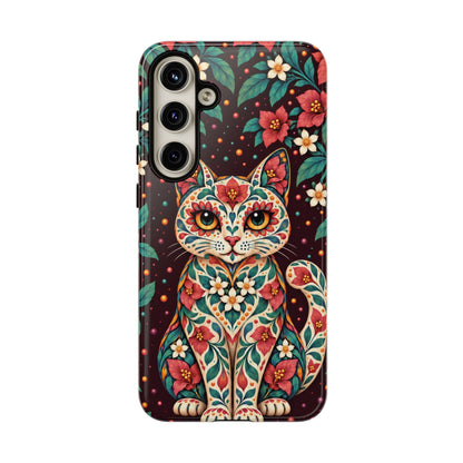 Vibrant Terracotta and Teal Calavera Cat Phone Case - Multicolor Phone Case - Samsung Galaxy S24 Plus / Glossy