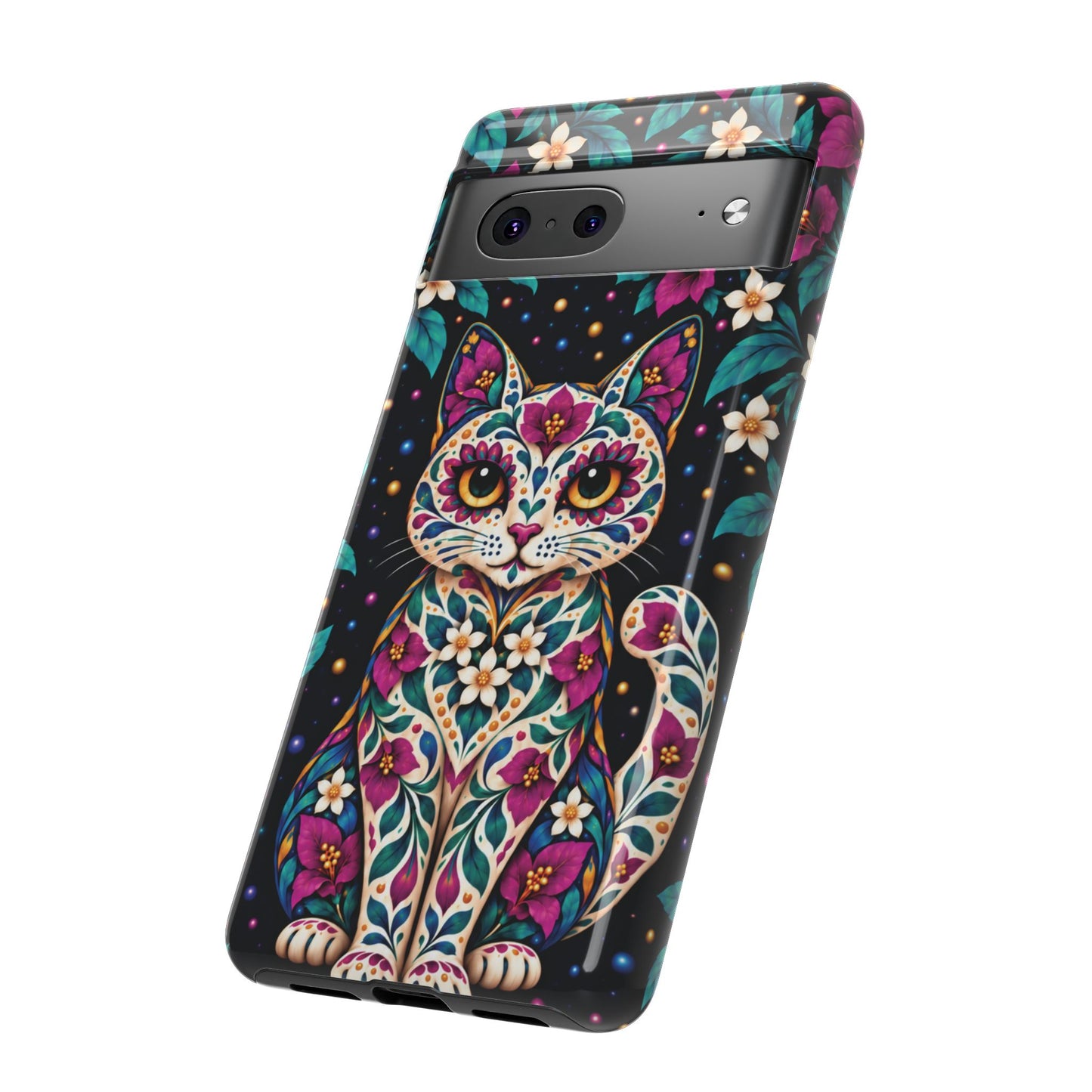 Vibrant Purple and Teal Calavera Cat Phone Case - Multicolor Phone Case