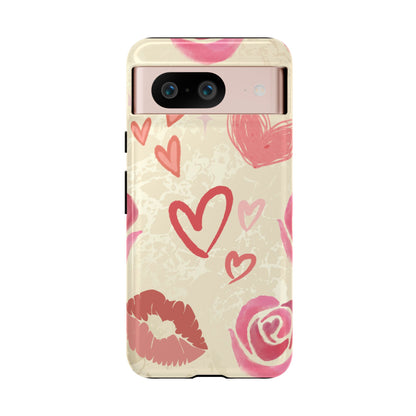 Google Pixel 8 / Glossy Phone Case - ’Pink Heart & Rose Pattern’ Phone Case