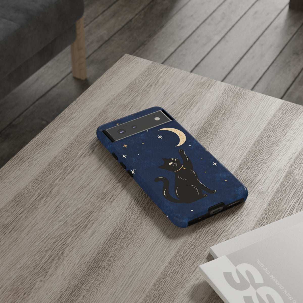 Whimsical Navy Blue Celestial Black Cat Phone Case