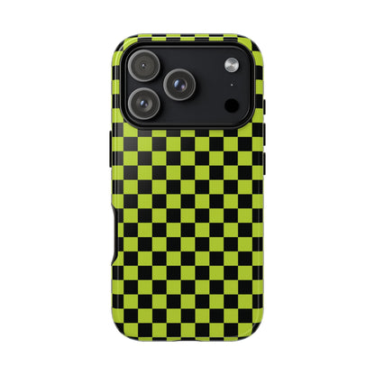 Phone Case - Trendy Neon Lime Green & Plum Small Checked Pattern Phone Case