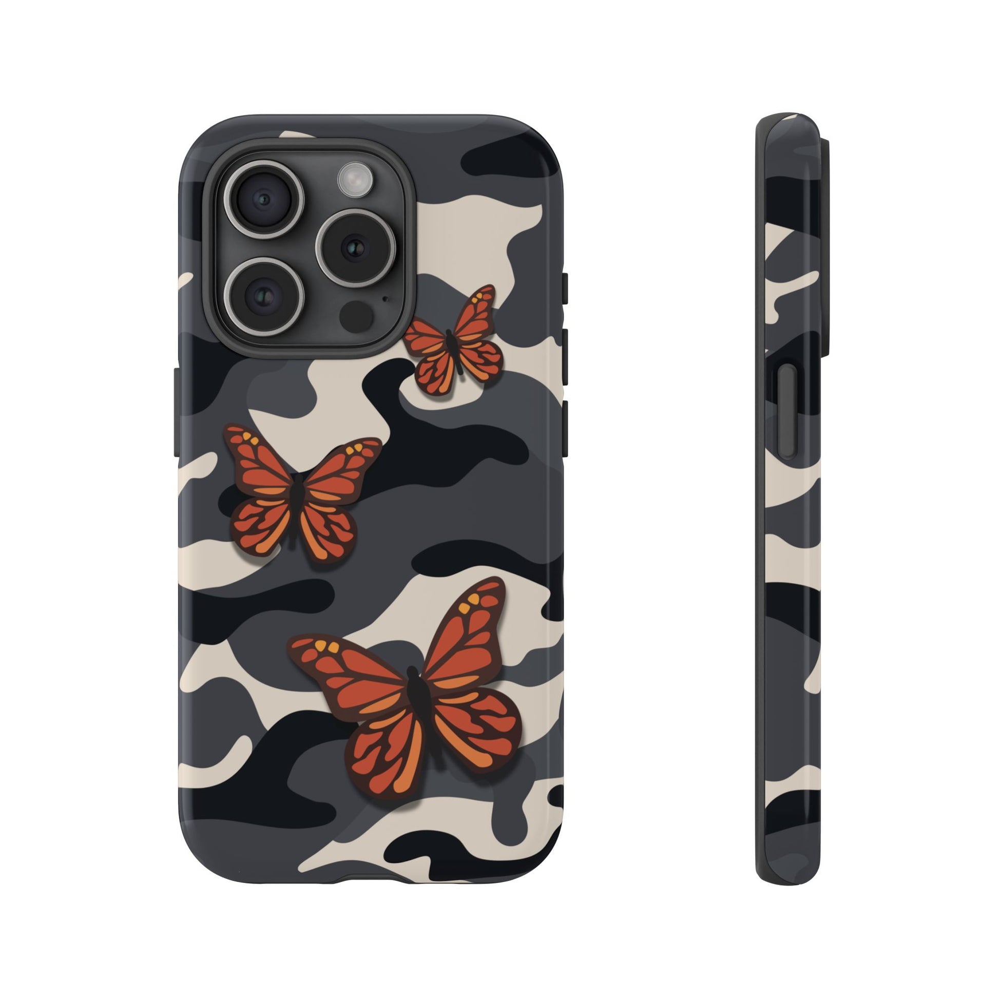 Black & Orange Butterfly Camo Phone Case - Black Phone Case - iPhone 15 Pro / Glossy
