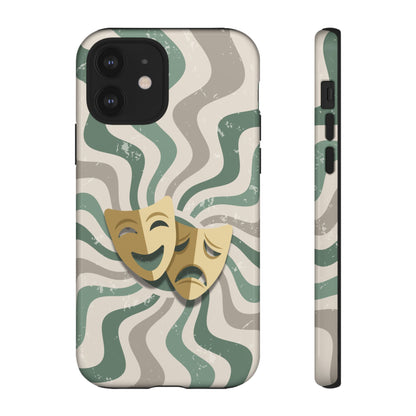 iPhone 12 / Glossy Phone Case - Comedy & Tragedy Masks – Green Minimal Retro Wave Phone Case