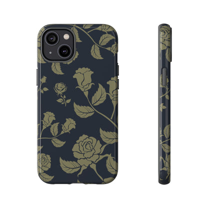 iPhone 14 Plus / Glossy Phone Case - ’Blue & Olive Rose Pattern’ Phone Case