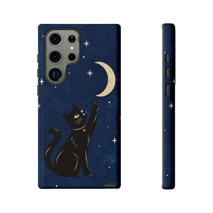 Whimsical Navy Blue Celestial Black Cat Phone Case