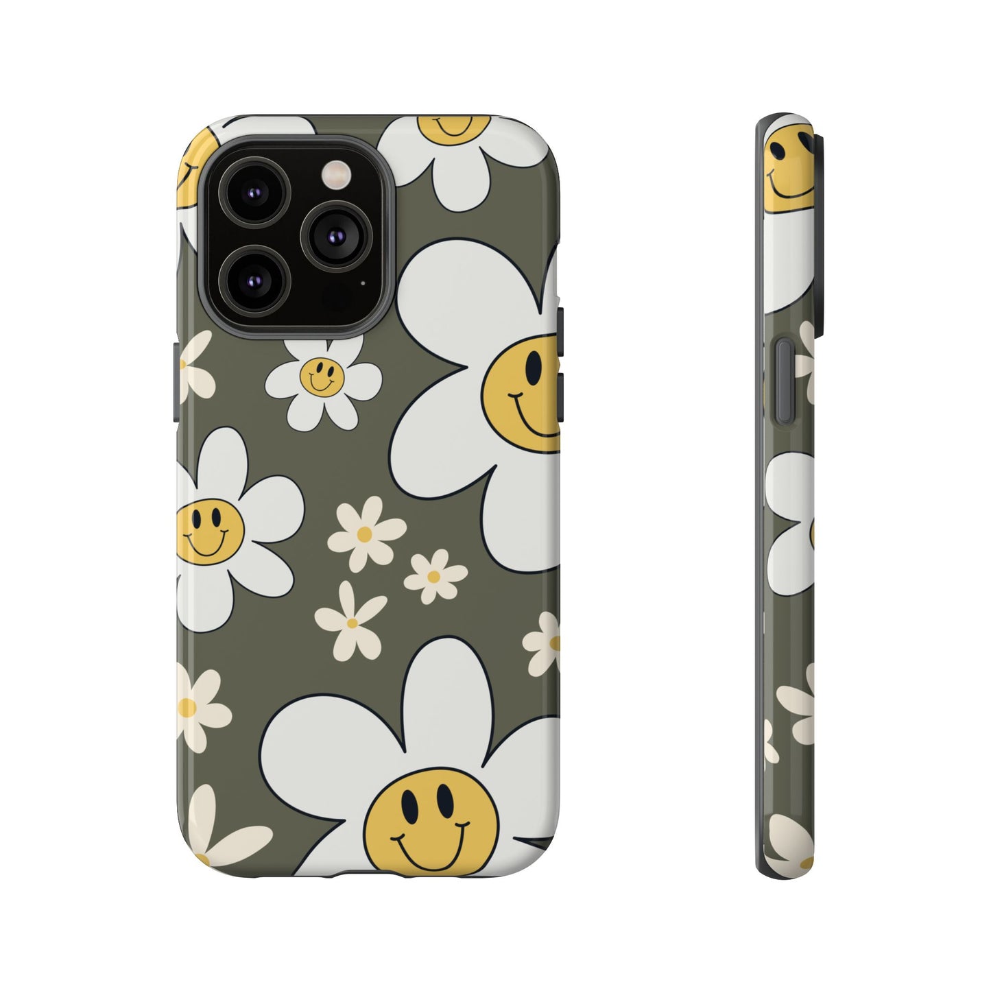 iPhone 14 Pro Max / Glossy Phone Case - Fun Retro Daisy Pattern with Olive Green Background Phone Case
