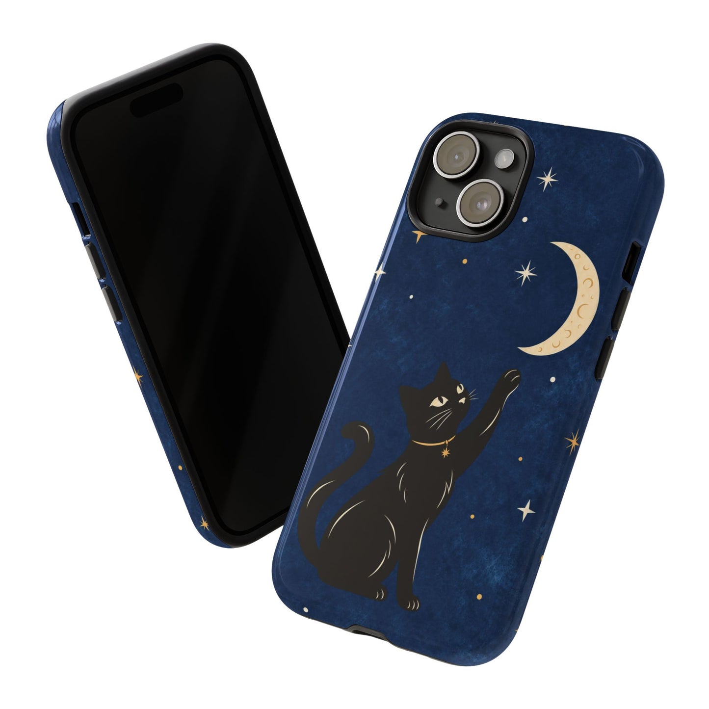 Whimsical Navy Blue Celestial Black Cat Phone Case