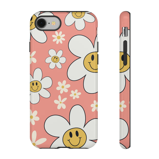 iPhone 8 / Glossy Phone Case - Fun Retro Daisy Pattern with Pink Background Phone Case