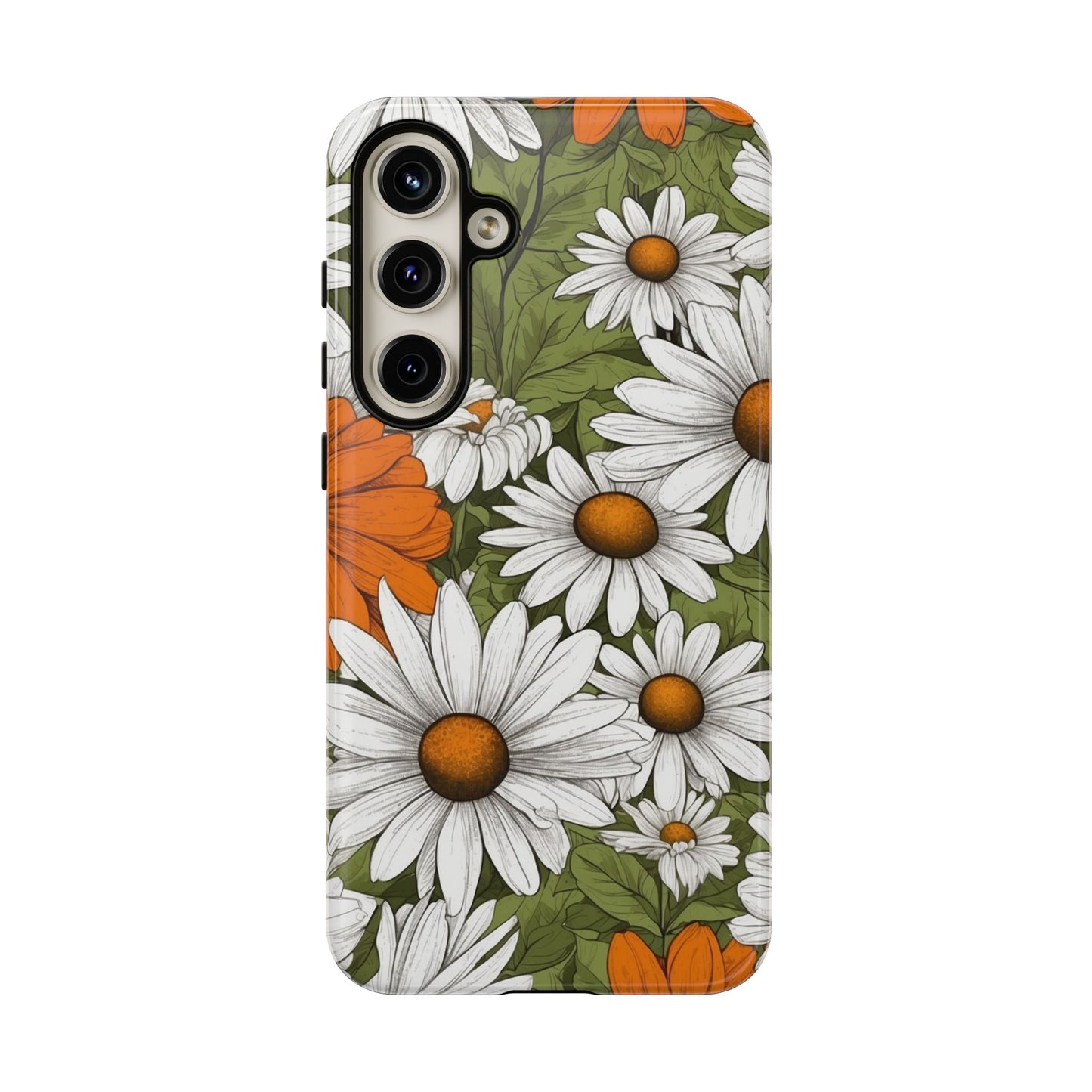 Samsung Galaxy S24 Plus / Glossy Phone Case - Boho Chic Daisies Floral Pattern ’White Orange & Green’ Phone Case