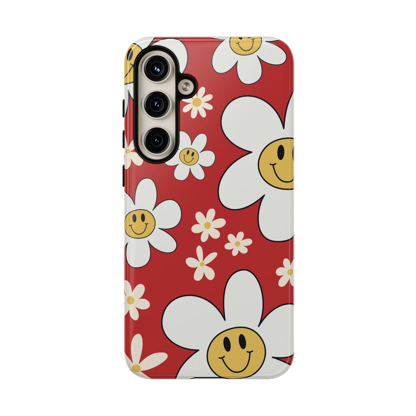 Samsung Galaxy S24 Plus / Glossy Phone Case - Fun Retro Daisy Pattern with Red Background Phone Case