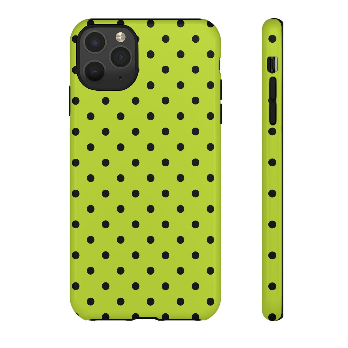 iPhone 11 Pro Max / Glossy Phone Case - Trendy Neon Lime Green & Black Dot Pattern Phone Case