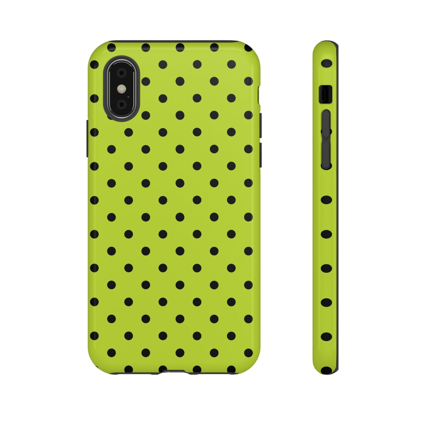 iPhone XS / Glossy Phone Case - Trendy Neon Lime Green & Black Dot Pattern Phone Case