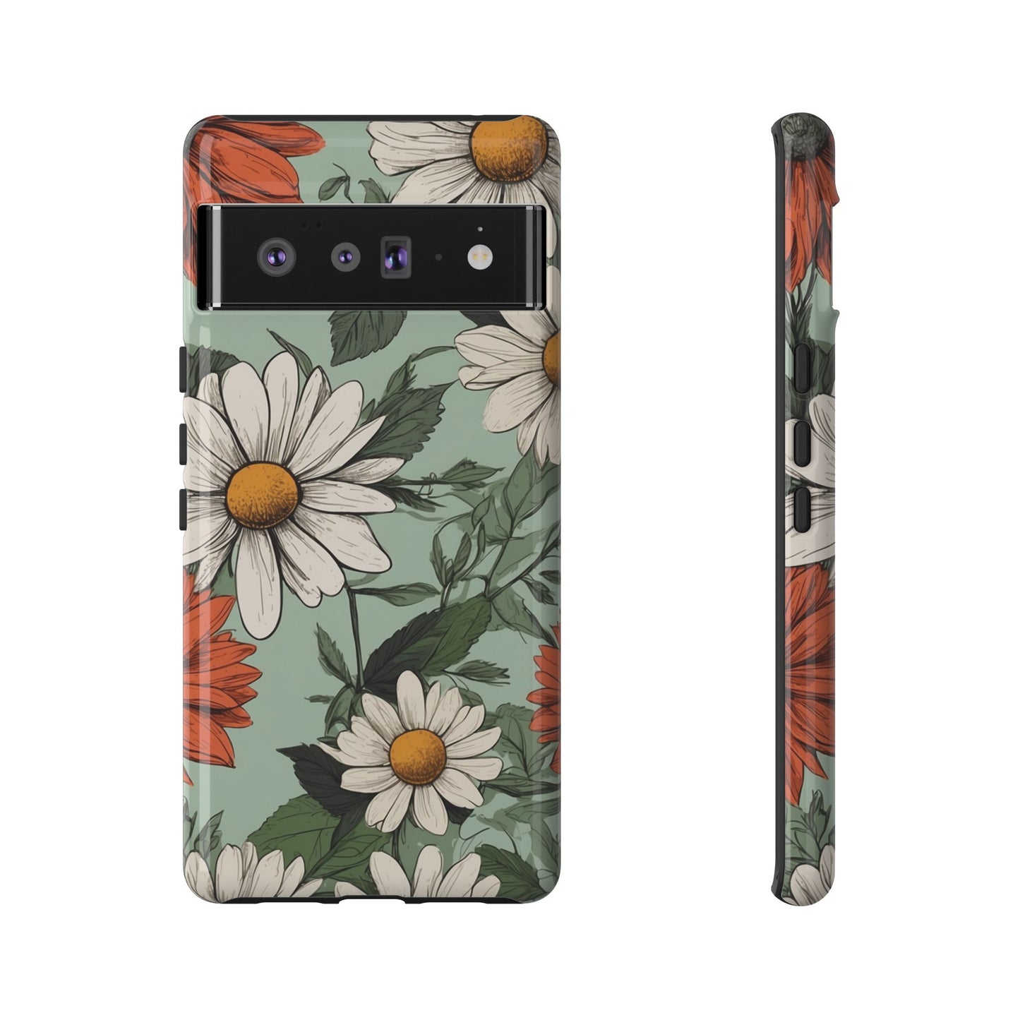 Google Pixel 6 Pro / Glossy Phone Case - Boho Chic Daisies Floral Pattern ’White & Orange’ Phone Case