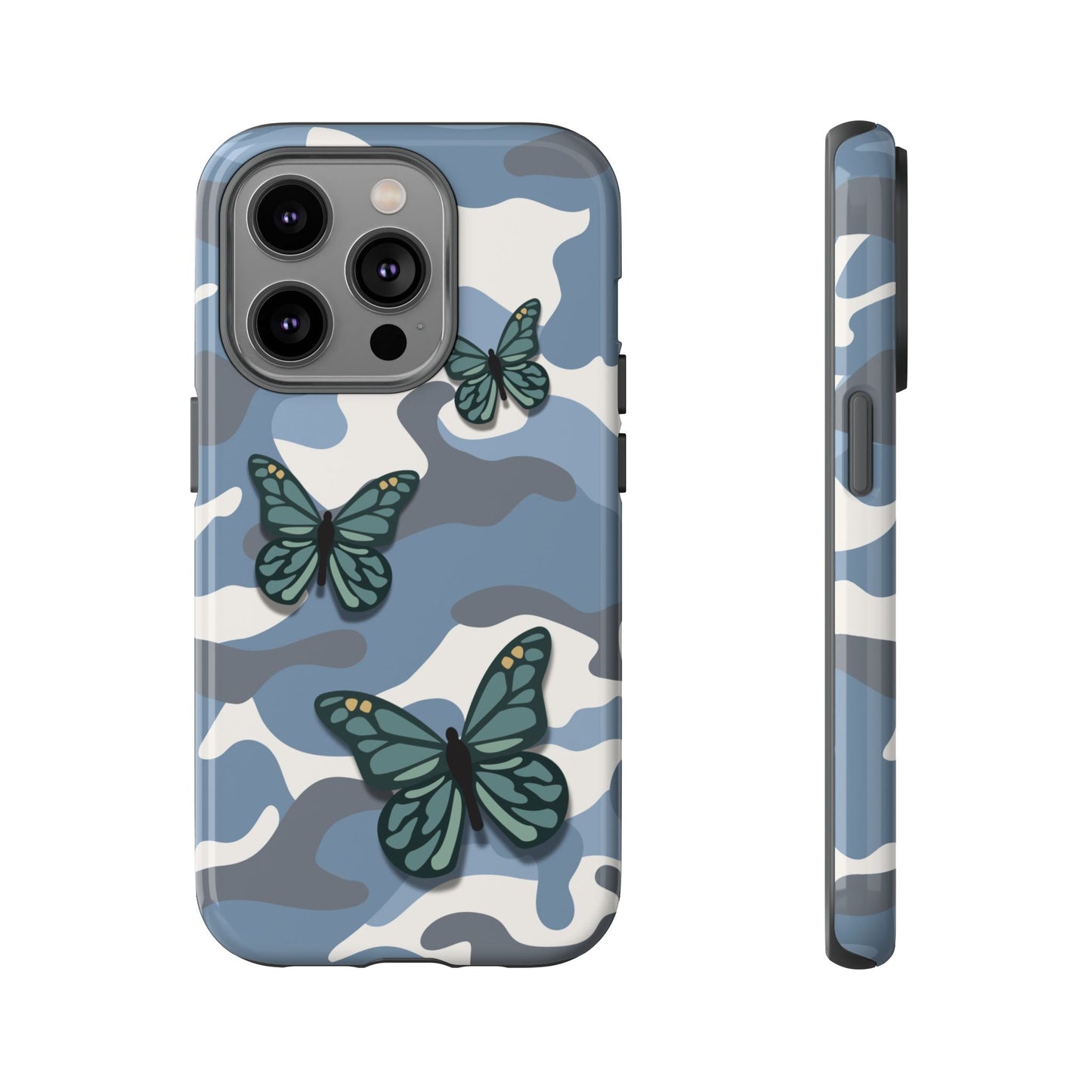 iPhone 14 Pro / Glossy Phone Case - Light Blue Butterfly Camo Phone Case