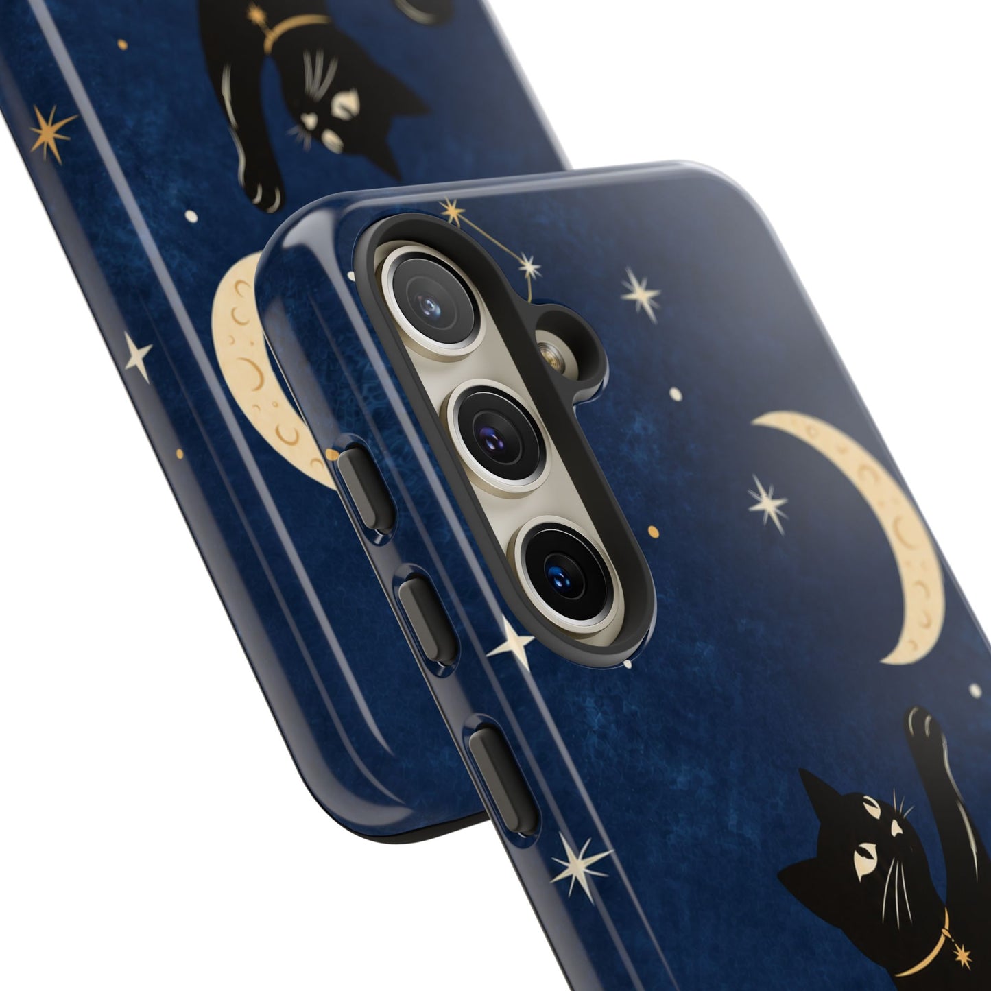 Whimsical Navy Blue Celestial Black Cat Phone Case