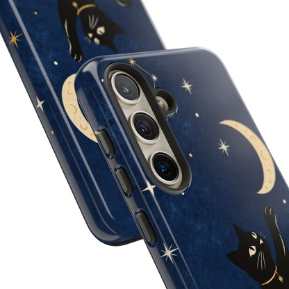 Whimsical Navy Blue Celestial Black Cat Phone Case