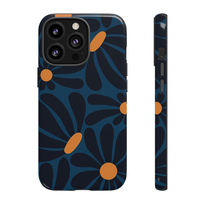 iPhone 13 Pro / Glossy Phone Case - ’Dark Blue & Orange Daisy Pattern’ Phone Case