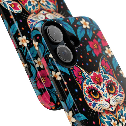 Vibrant Pink and Turquoise Calavera Cat Phone Case - Multicolor Phone Case