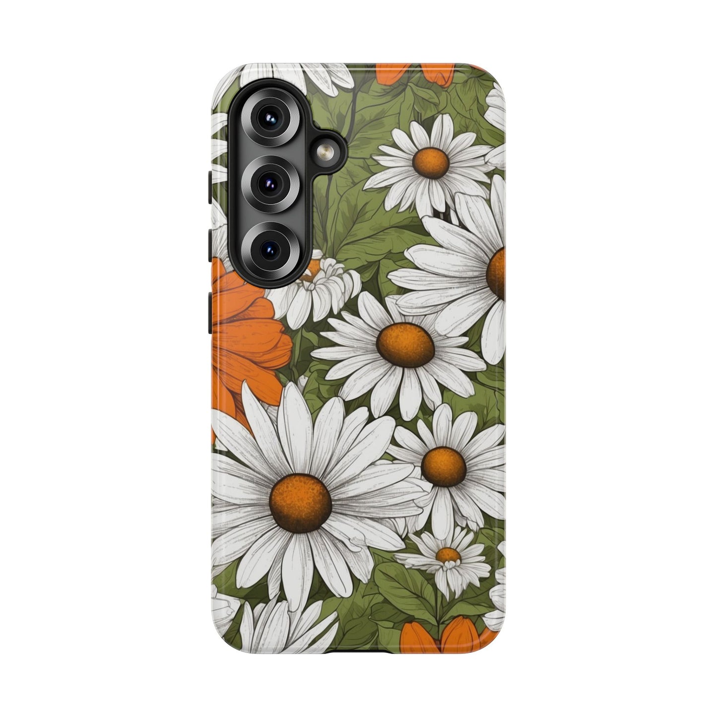 Samsung Galaxy S25 / Glossy Phone Case - Boho Chic Daisies Floral Pattern ’White Orange & Green’ Phone Case