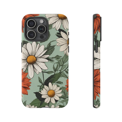 iPhone 15 Pro Max / Glossy Phone Case - Boho Chic Daisies Floral Pattern ’White & Orange’ Phone Case
