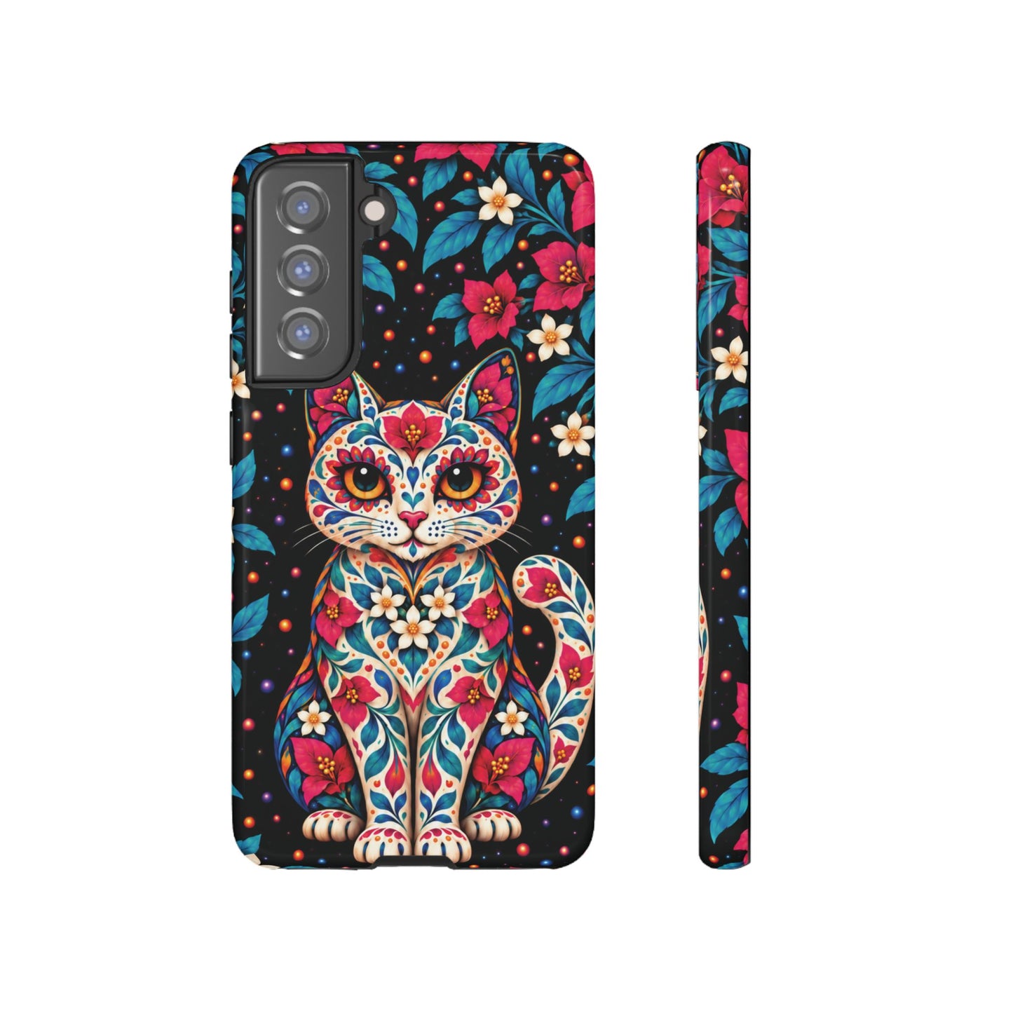 Vibrant Pink and Turquoise Calavera Cat Phone Case - Multicolor Phone Case - Samsung Galaxy S21 FE / Glossy