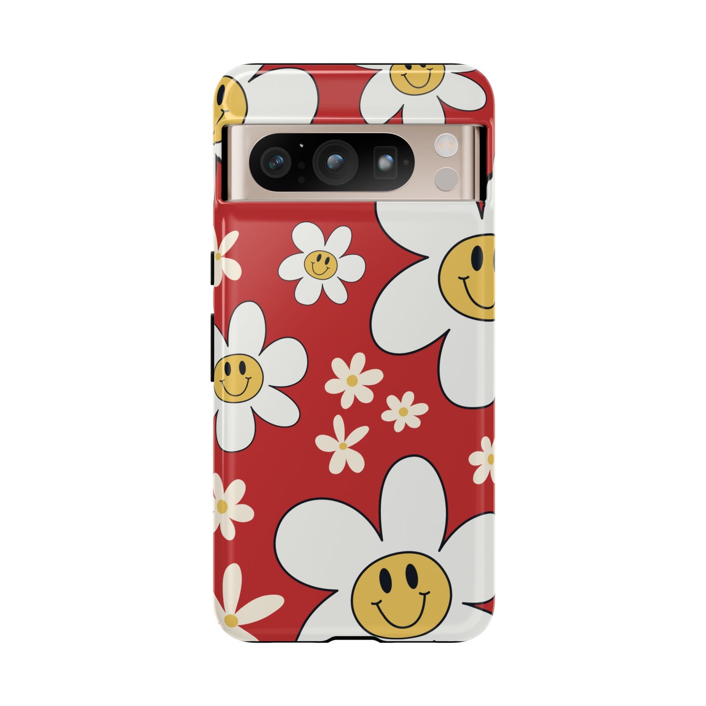 Google Pixel 8 Pro / Glossy Phone Case - Fun Retro Daisy Pattern with Red Background Phone Case