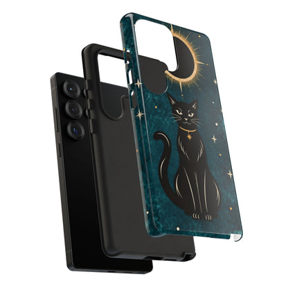 Whimsical Teal Celestial Black Cat Phone Case