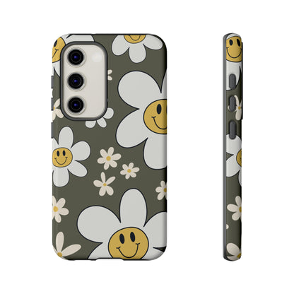 Samsung Galaxy S23 / Glossy Phone Case - Fun Retro Daisy Pattern with Olive Green Background Phone Case