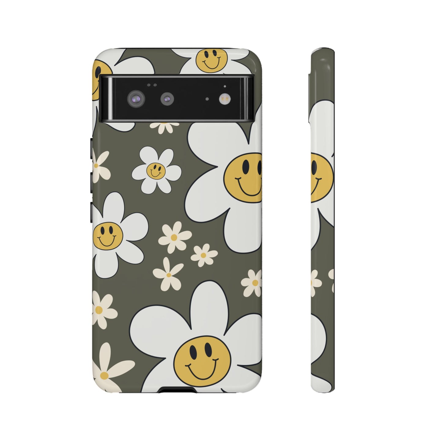 Google Pixel 6 / Glossy Phone Case - Fun Retro Daisy Pattern with Olive Green Background Phone Case