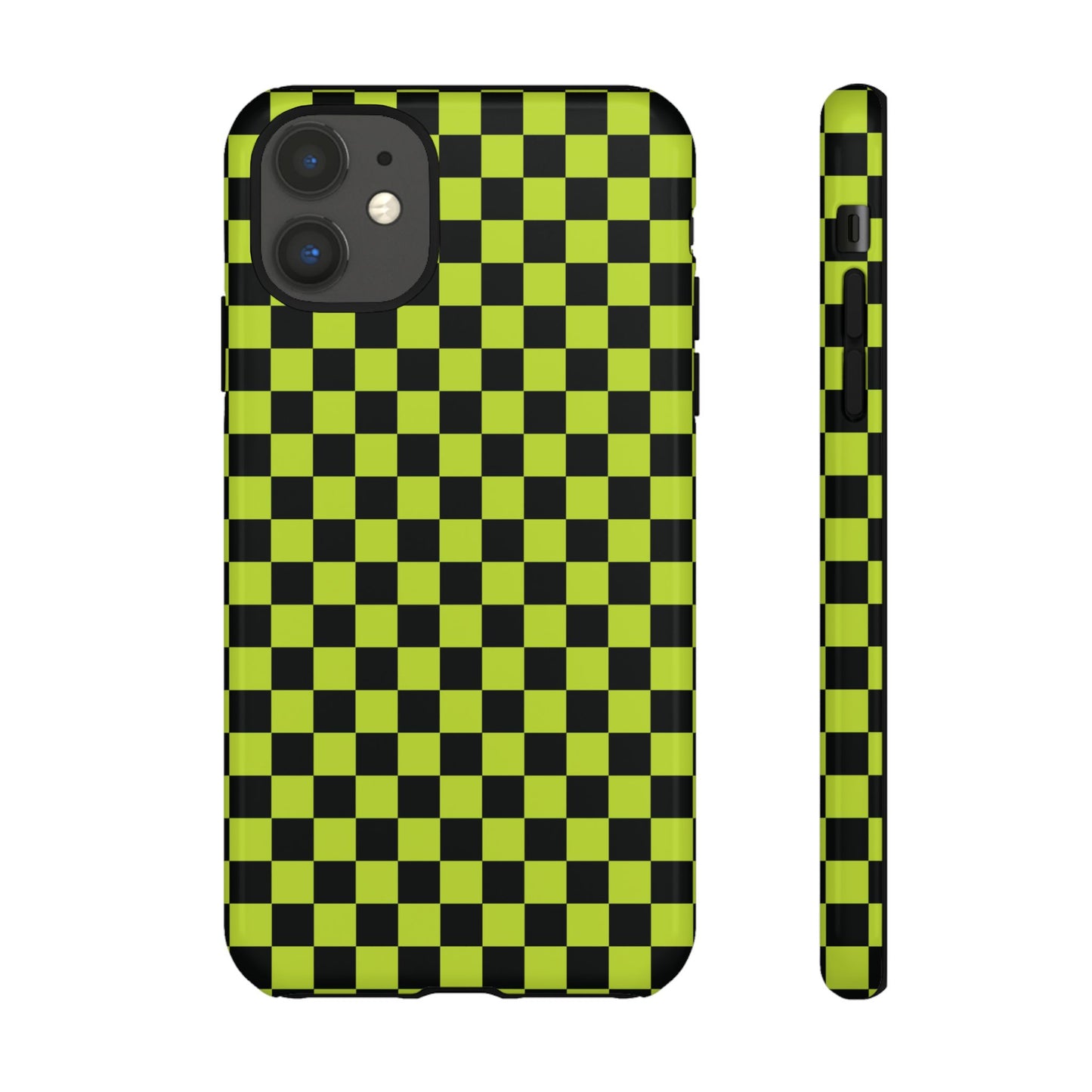 iPhone 11 / Glossy Phone Case - Trendy Neon Lime Green & Plum Small Checked Pattern Phone Case