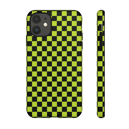 iPhone 11 / Glossy Phone Case - Trendy Neon Lime Green & Plum Small Checked Pattern Phone Case