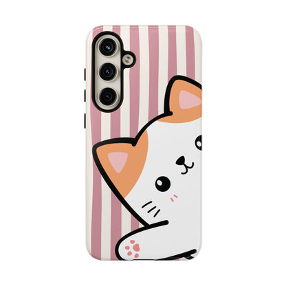 Playful Peakaboo Cat with Pink Stripe Pattern Phone Case - Pink Phone Case - Samsung Galaxy S24 Plus / Glossy