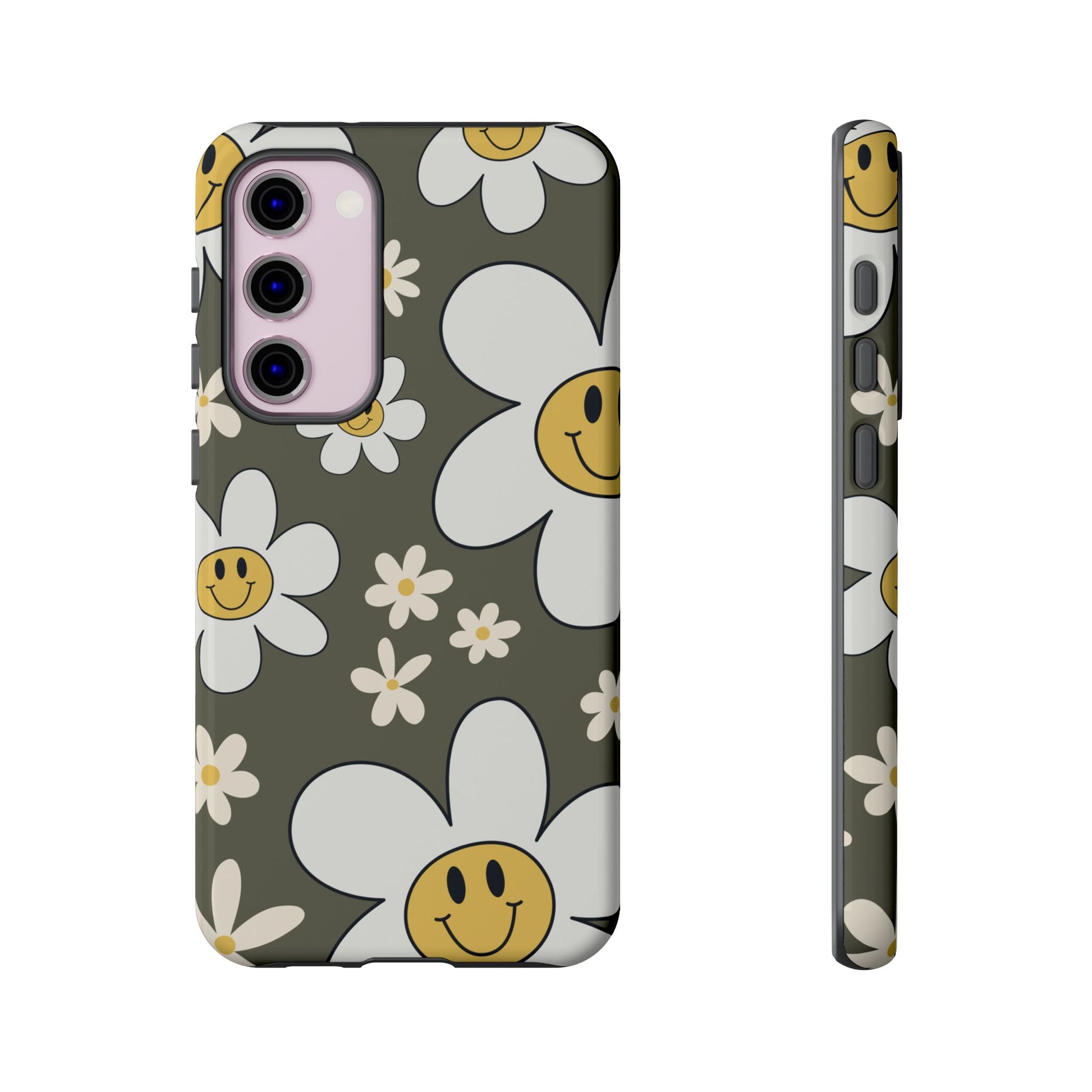Phone Case - Fun Retro Daisy Pattern with Olive Green Background Phone Case
