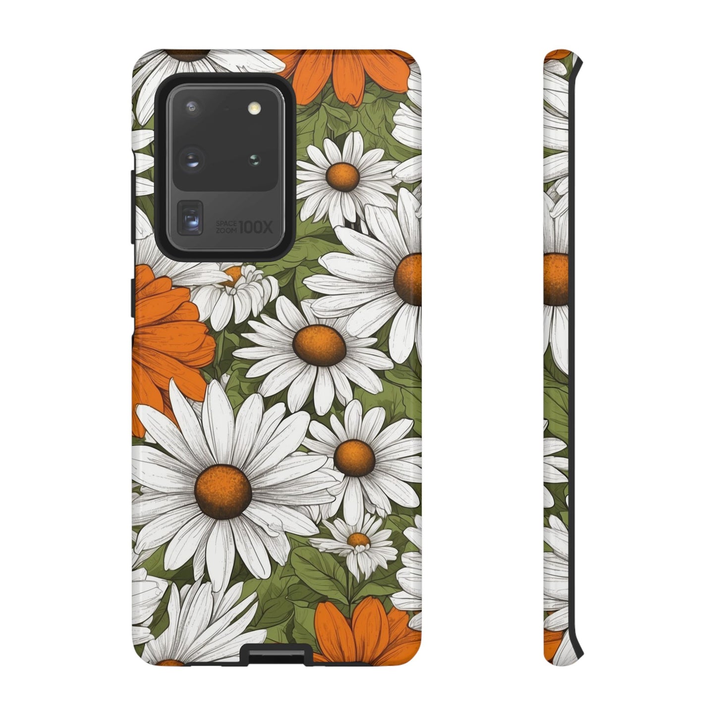 Samsung Galaxy S20 Ultra / Glossy Phone Case - Boho Chic Daisies Floral Pattern ’White Orange & Green’ Phone Case