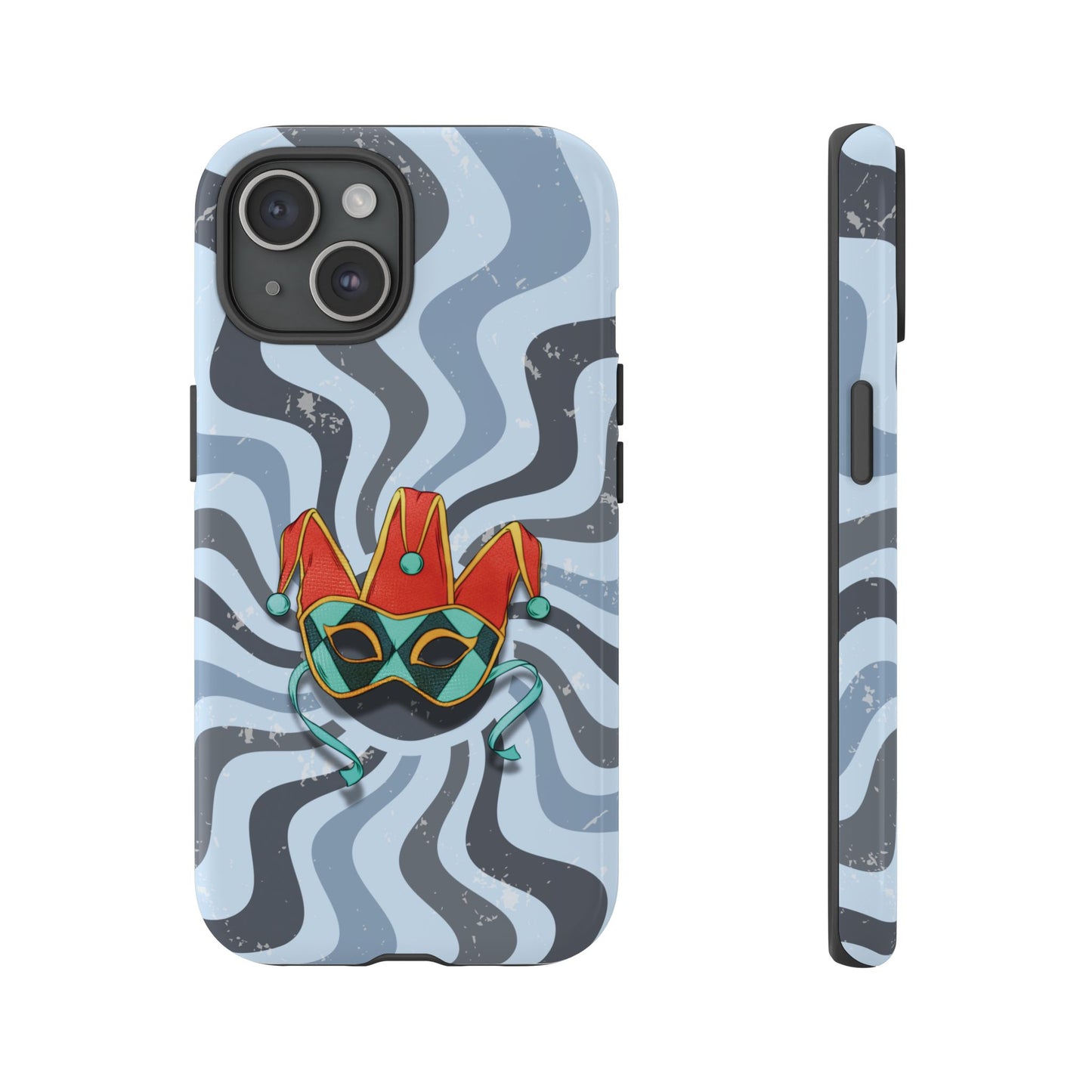 iPhone 15 / Glossy Phone Case - Venetian Jester Mask – Blue Retro Soft Revival Phone Case