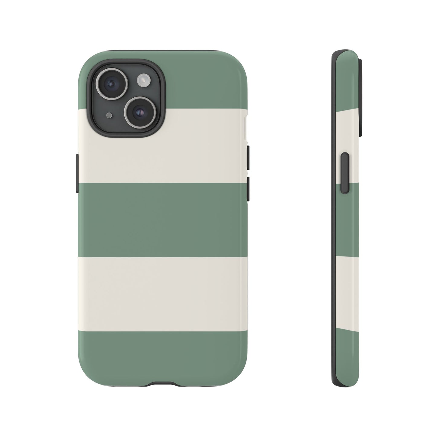 iPhone 15 / Glossy Phone Case - Green & White Horizontal Stripe Pattern Phone Case