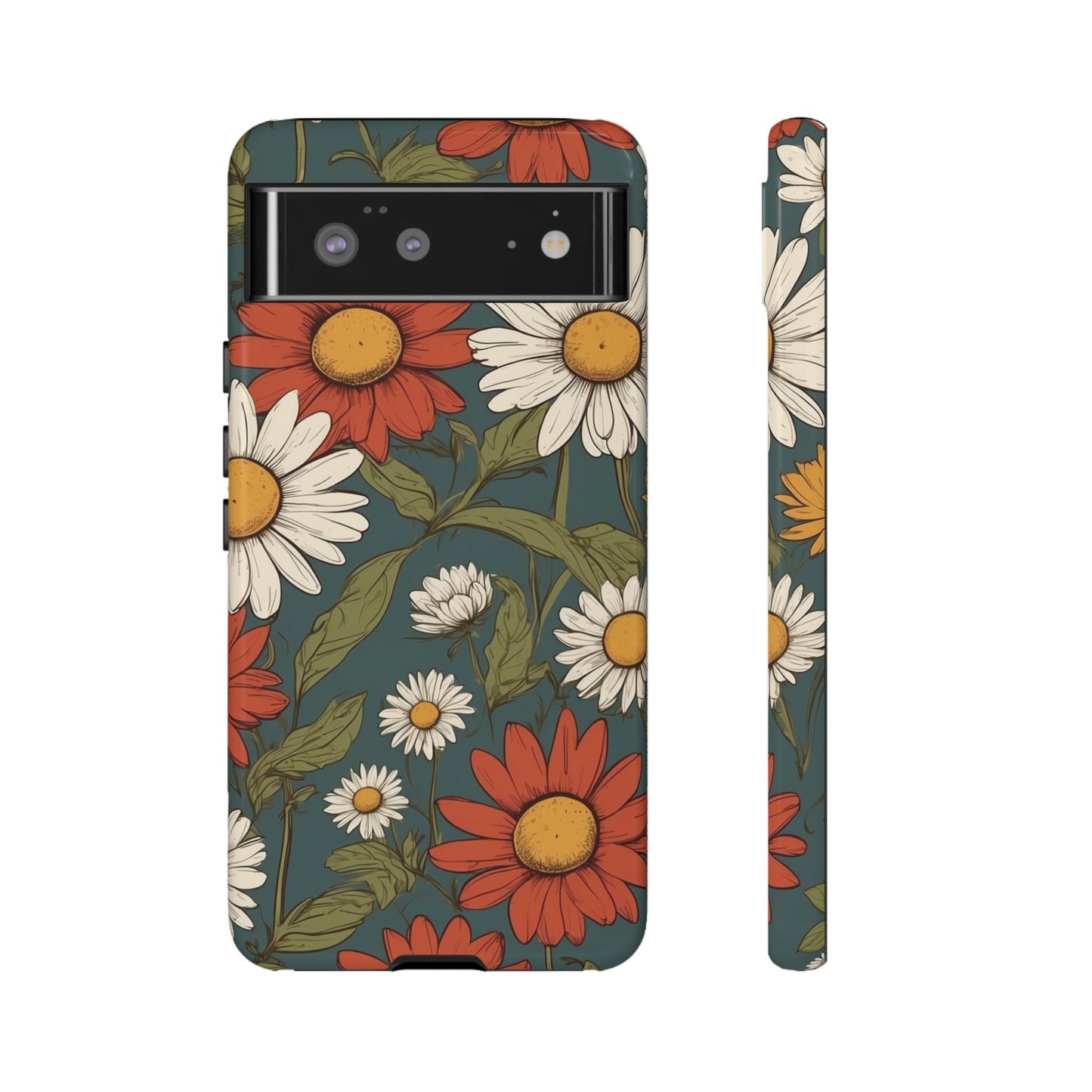 Google Pixel 6 / Glossy Phone Case - Boho Chic Daisies Floral Pattern ’White & Red’ Phone Case