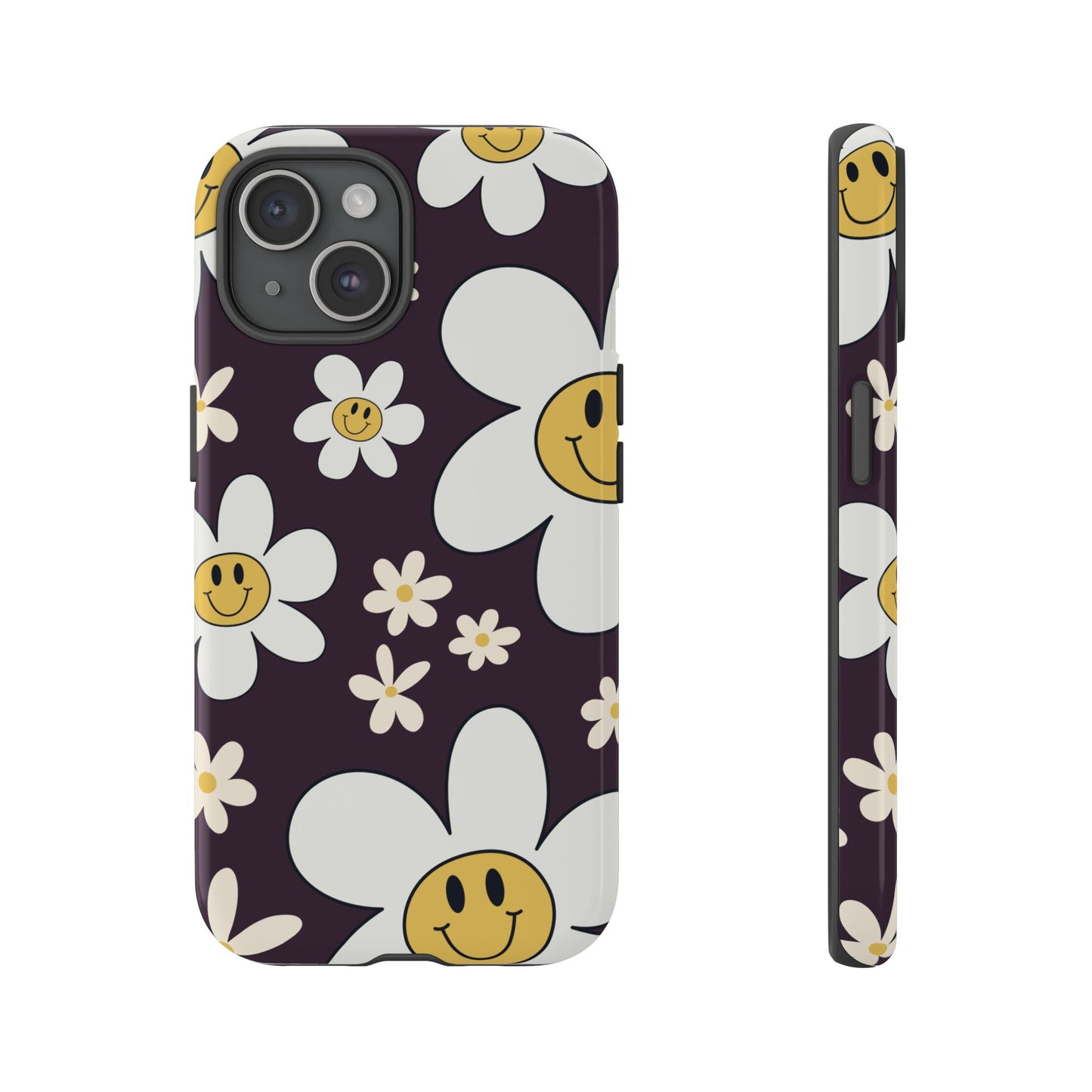 iPhone 15 / Glossy Phone Case - Fun Retro Daisy Pattern with Purple Background Phone Case