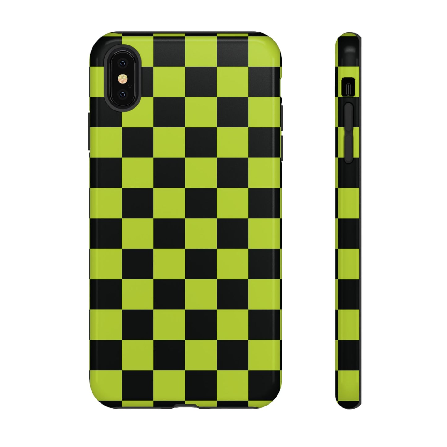 iPhone XS MAX / Glossy Phone Case - Trendy Neon Lime Green & Black Checked Pattern Phone Case