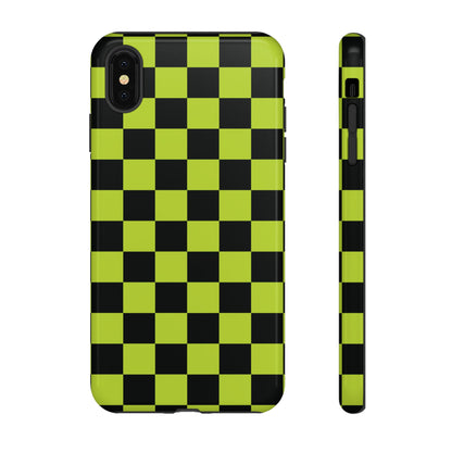iPhone XS MAX / Glossy Phone Case - Trendy Neon Lime Green & Black Checked Pattern Phone Case