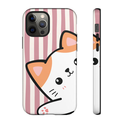 Playful Peakaboo Cat with Pink Stripe Pattern Phone Case - Pink Phone Case - iPhone 12 Pro / Glossy