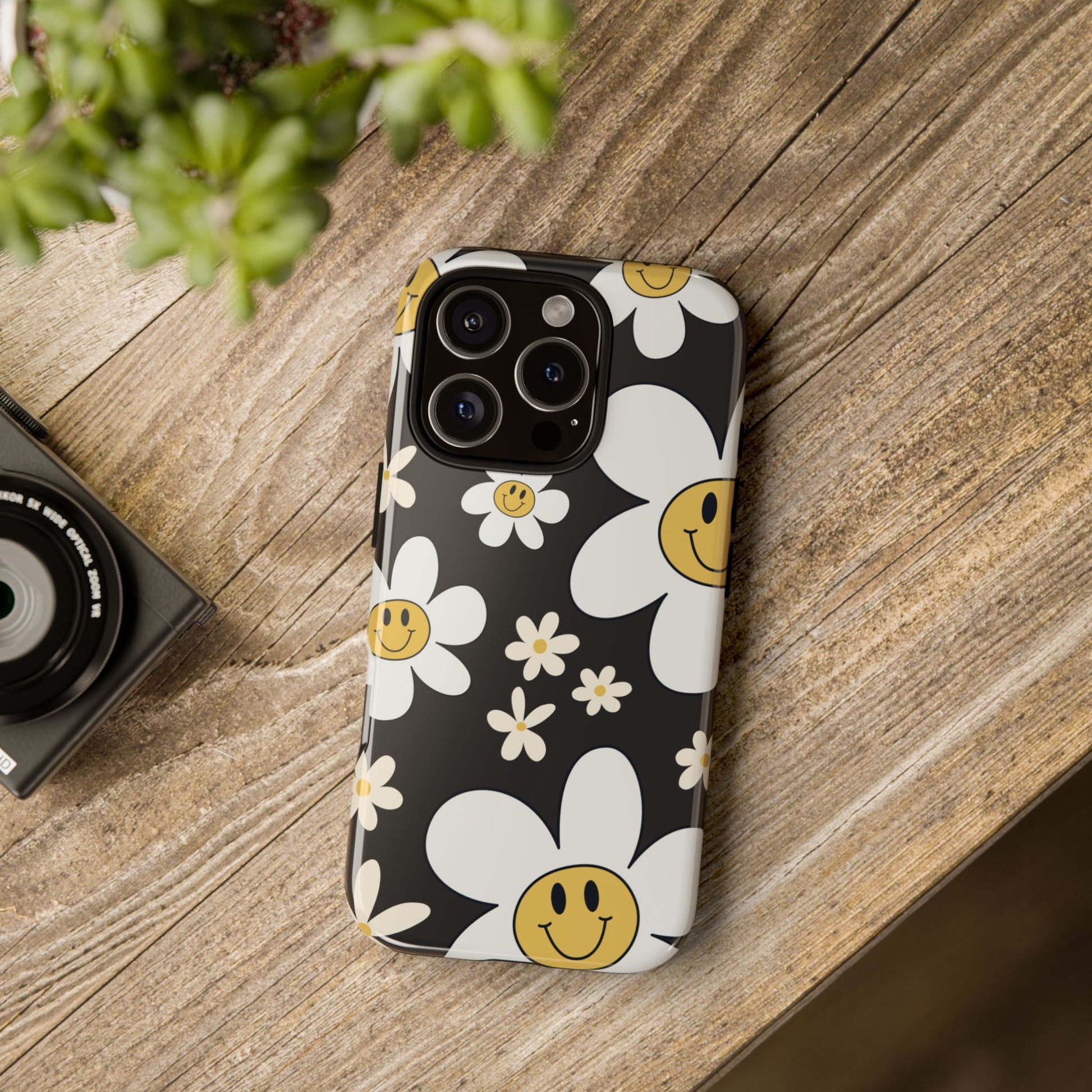 Phone Case - Fun Retro Daisy Pattern with Dark Grey Background Phone Case
