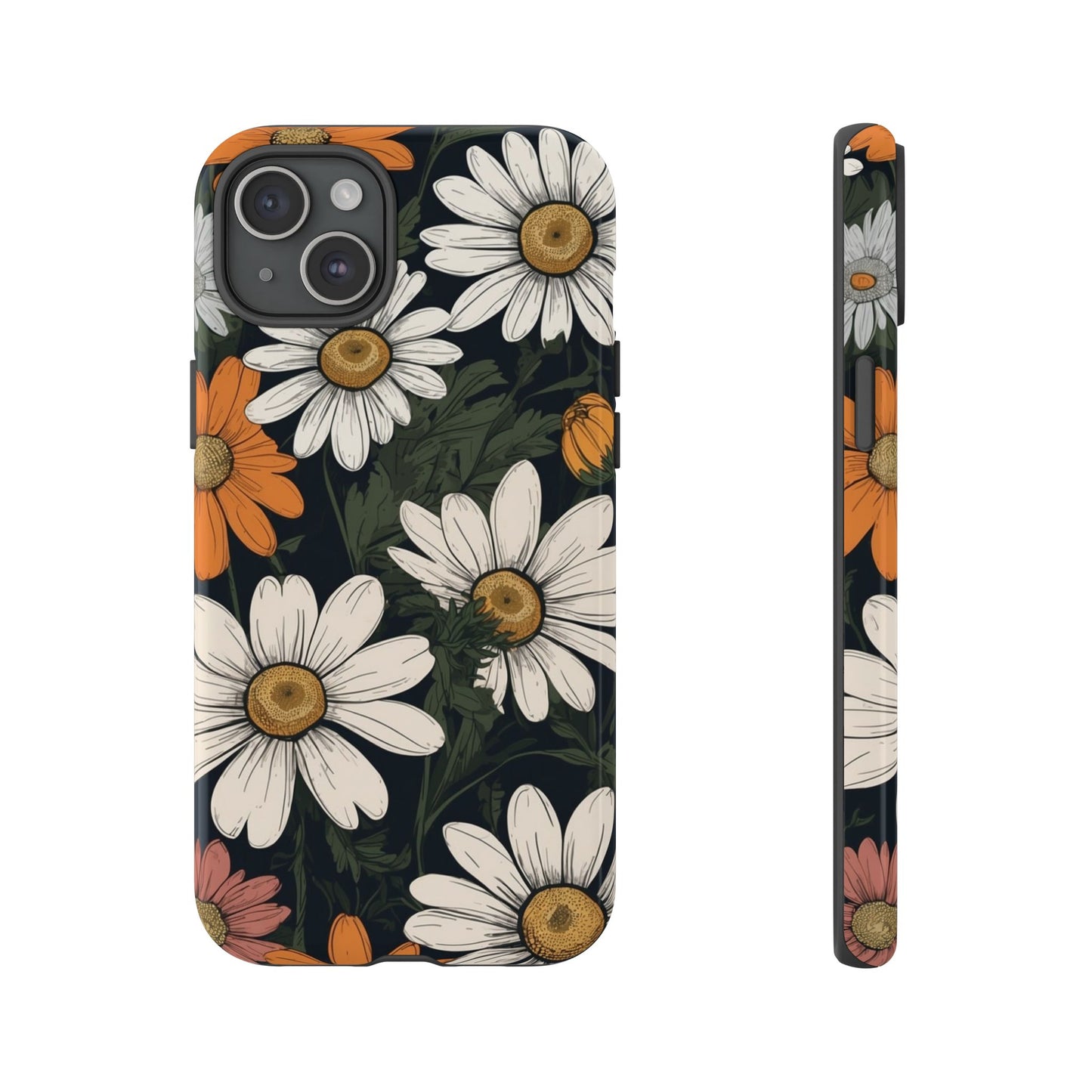 iPhone 15 Plus / Glossy Phone Case - Boho Chic Daisies Floral Pattern ’White Orange & Pink’ Phone Case