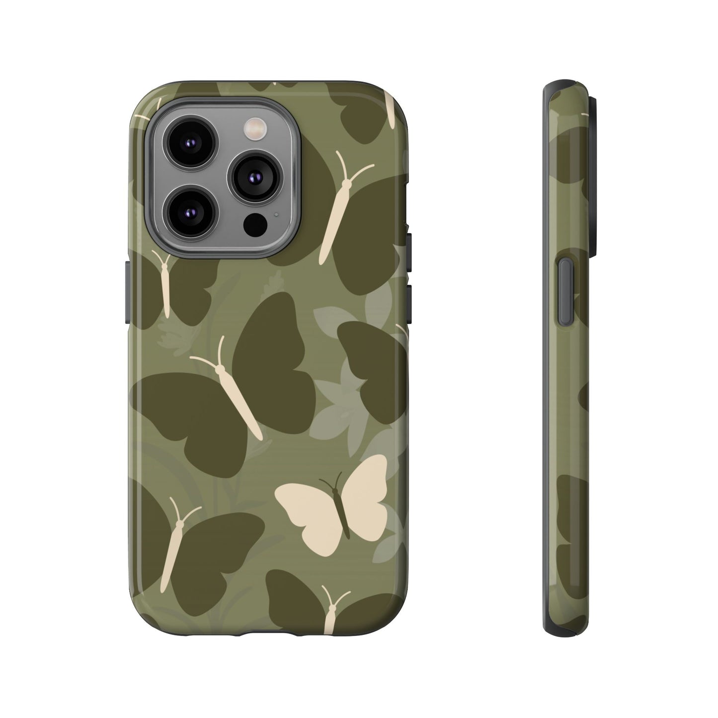 iPhone 14 Pro / Glossy Phone Case - Minimalist Olive Green Butterfly Pattern Phone Case