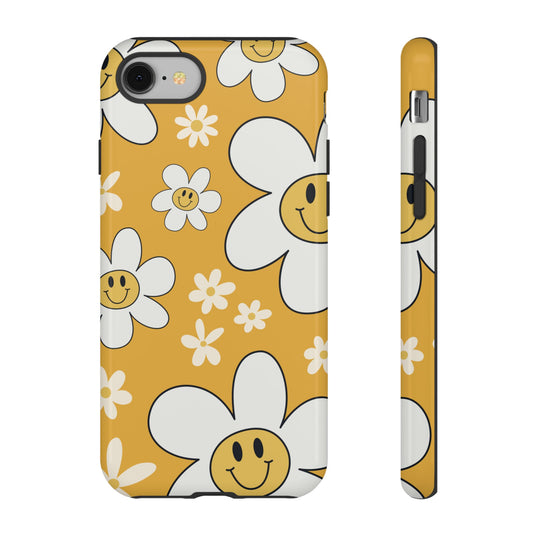 iPhone 8 / Glossy Phone Case - Fun Retro Daisy Pattern with Yellow Background Phone Case