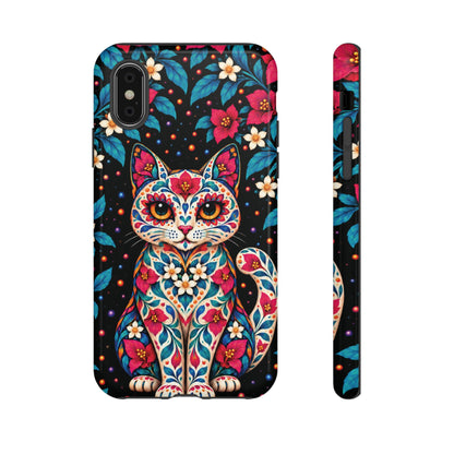 Vibrant Pink and Turquoise Calavera Cat Phone Case - Multicolor Phone Case - iPhone X / Glossy