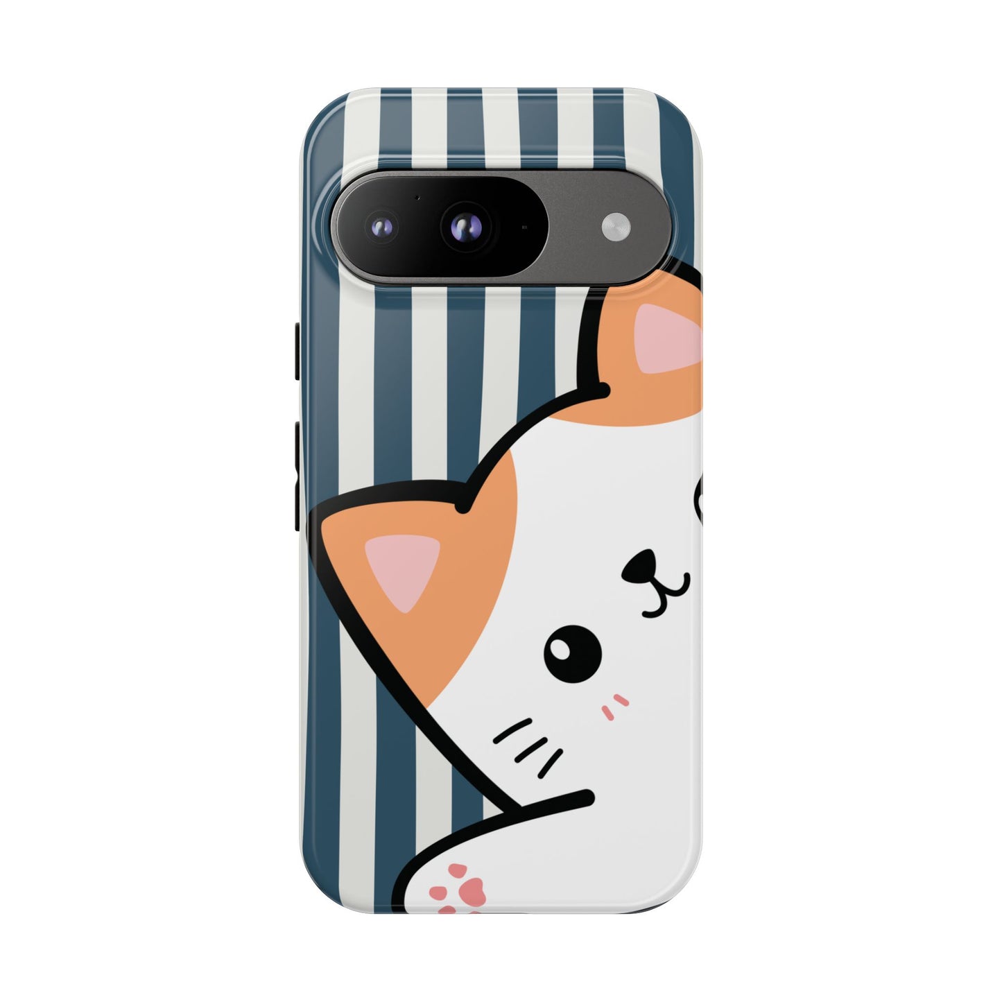 Playful Peakaboo Cat with Blue Stripe Pattern Phone Case - Blue Phone Case - Google Pixel 9 / Glossy