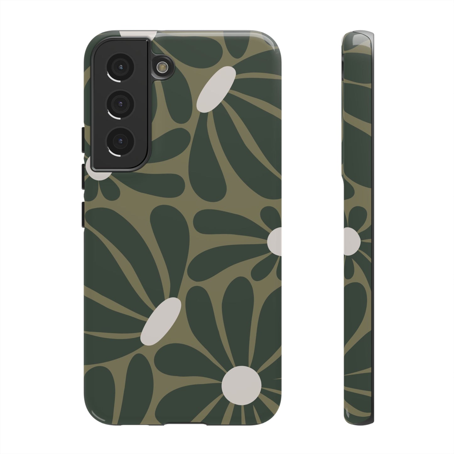 Samsung Galaxy S22 / Glossy Phone Case - ’Retro Olive Green Daisy Pattern’ Phone Case