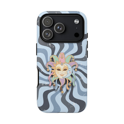 iPhone 17 Pro / Glossy Phone Case - Sun & Moon Jester Mask – Blue Retro Wave Phone Case