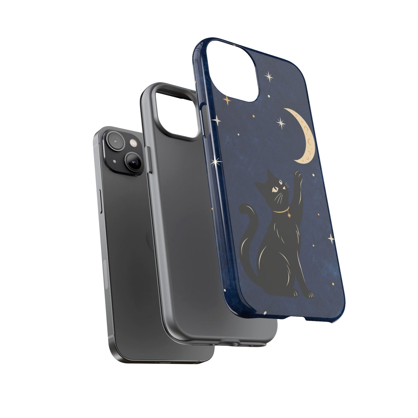 Whimsical Navy Blue Celestial Black Cat Phone Case
